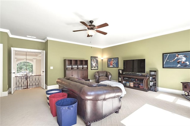 13037 Overlook Pass, Roswell, GA 30075 - living room featuring carpet, a ceiling fan, and crown molding