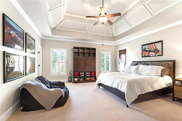 13037 Overlook Pass, Roswell, GA 30075 - bedroom featuring coffered ceiling, carpet flooring, ornamental molding, and ceiling fan