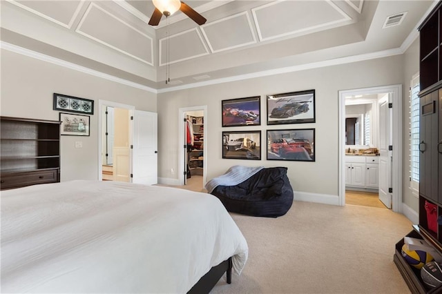 13037 Overlook Pass, Roswell, GA 30075 - bedroom with a walk in closet, light colored carpet, connected bathroom, ornamental molding, and a closet