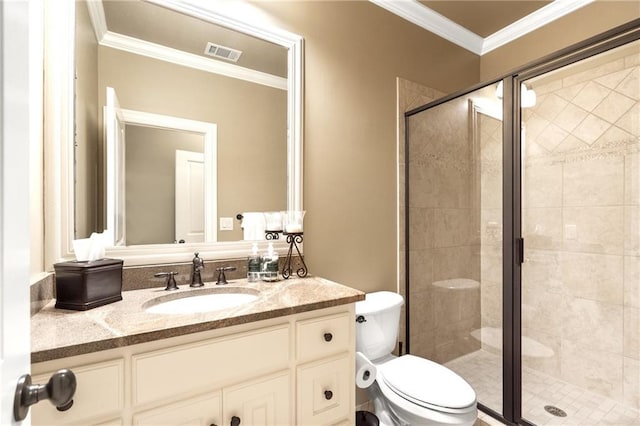 13037 Overlook Pass, Roswell, GA 30075 - bathroom featuring vanity, crown molding, and a shower stall