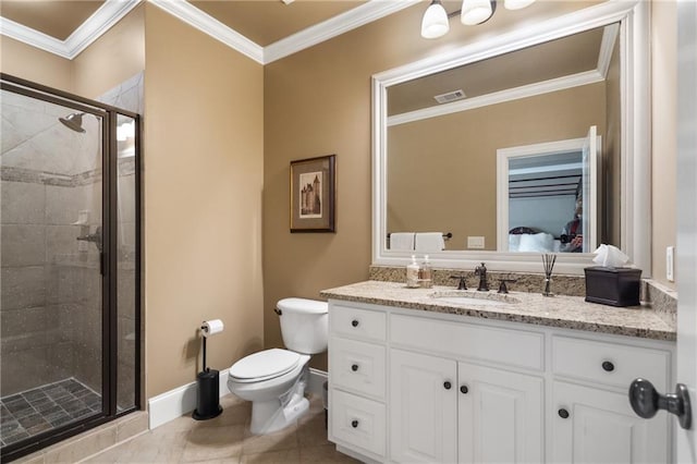 13037 Overlook Pass, Roswell, GA 30075 - ensuite bathroom featuring vanity, a shower stall, ornamental molding, and tile patterned floors