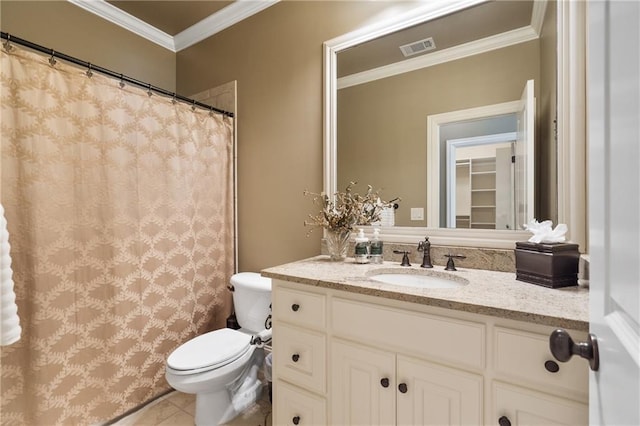 13037 Overlook Pass, Roswell, GA 30075 - full bathroom with vanity, ornamental molding, tile patterned floors, and a shower with curtain