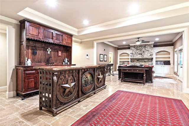 13037 Overlook Pass, Roswell, GA 30075 - indoor wet bar with crown molding, a ceiling fan, stone tile floors, recessed lighting, and a stone fireplace