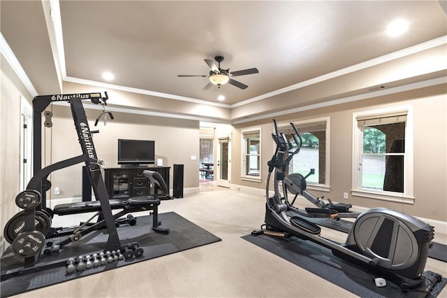 13037 Overlook Pass, Roswell, GA 30075 - exercise room with ceiling fan, ornamental molding, carpet floors, and recessed lighting