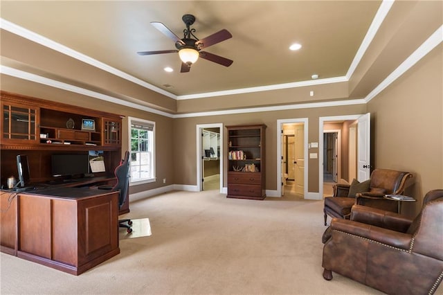 13037 Overlook Pass, Roswell, GA 30075 - office featuring light carpet, crown molding, ceiling fan, recessed lighting, and a tray ceiling