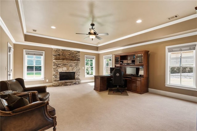 13037 Overlook Pass, Roswell, GA 30075 - carpeted office space featuring a raised ceiling, ceiling fan, ornamental molding, a stone fireplace, and recessed lighting