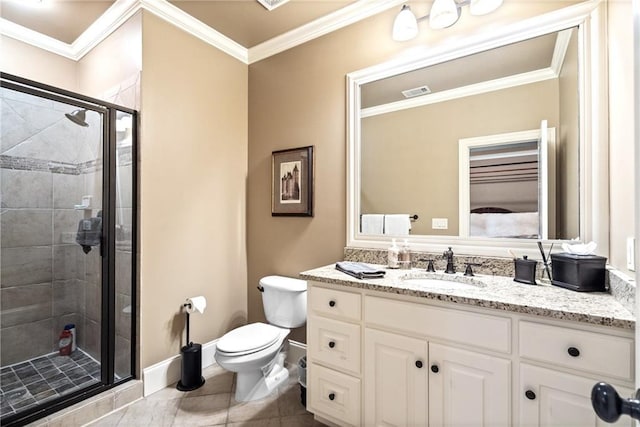 13037 Overlook Pass, Roswell, GA 30075 - ensuite bathroom with vanity, a shower stall, tile patterned floors, and crown molding