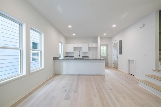 kitchen with a peninsula, light wood-style flooring, electric panel, a sink, and white cabinetry