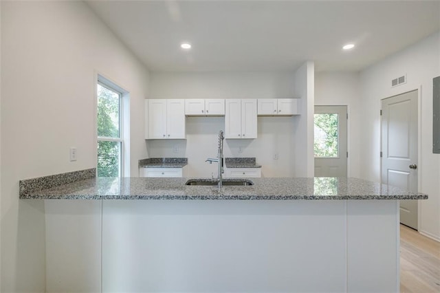 kitchen with visible vents, light stone counters, a sink, white cabinetry, and a peninsula