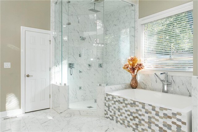 3258 Bransley Way, Duluth, GA 30097 - full bath featuring healthy amount of natural light, a bath, and a marble finish shower