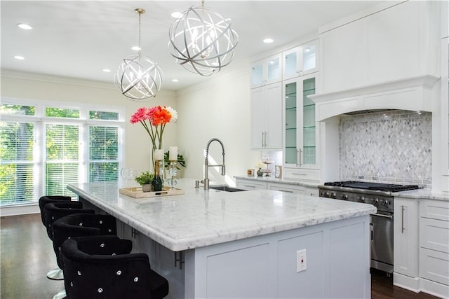 3258 Bransley Way, Duluth, GA 30097 - kitchen featuring stainless steel range, crown molding, backsplash, light stone countertops, and recessed lighting