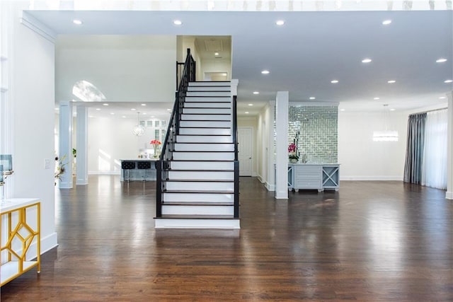 3258 Bransley Way, Duluth, GA 30097 - stairs with wood finished floors and recessed lighting