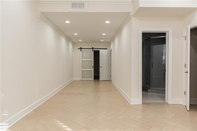 3258 Bransley Way, Duluth, GA 30097 - corridor with a barn door, recessed lighting, and crown molding