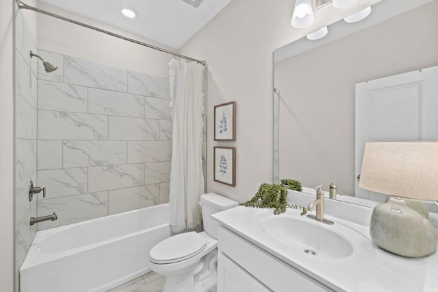 full bathroom featuring shower / bath combination with curtain, toilet, and vanity