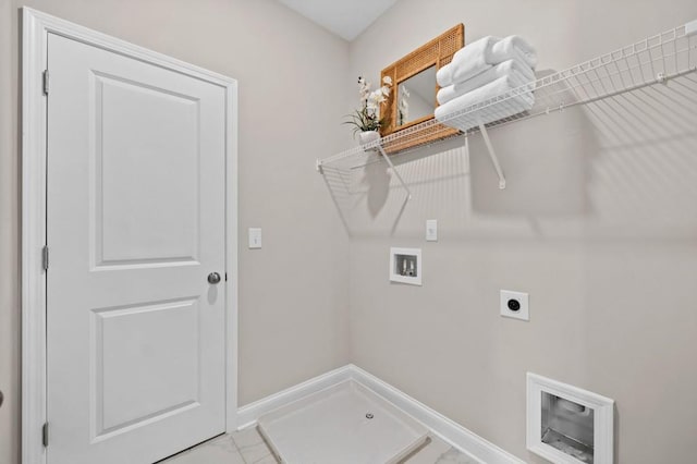 laundry room featuring hookup for an electric dryer, washer hookup, baseboards, and light marble finish floors