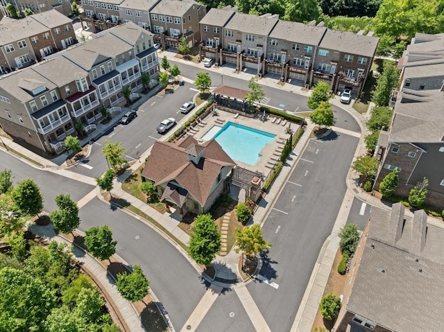 drone / aerial view of a pool