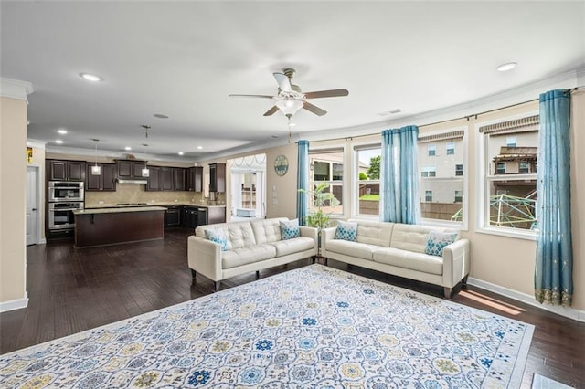 745 Newfield Ln, Alpharetta, GA 30004 - living room featuring ceiling fan, recessed lighting, dark wood-style flooring, and crown molding