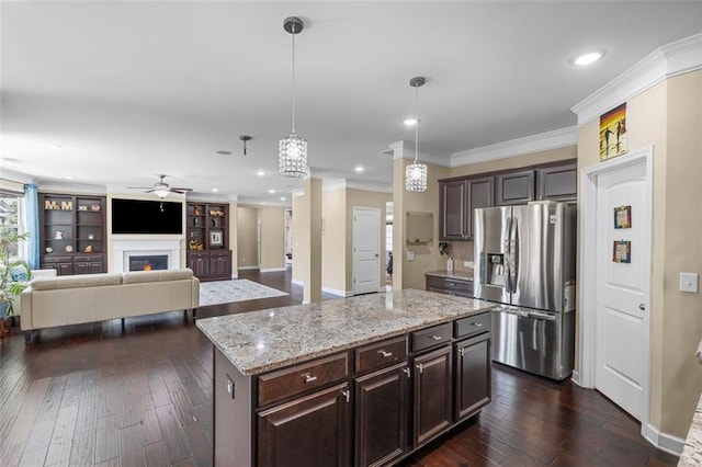745 Newfield Ln, Alpharetta, GA 30004 - kitchen with stainless steel fridge with ice dispenser, ceiling fan, dark wood-type flooring, dark brown cabinets, and ornamental molding