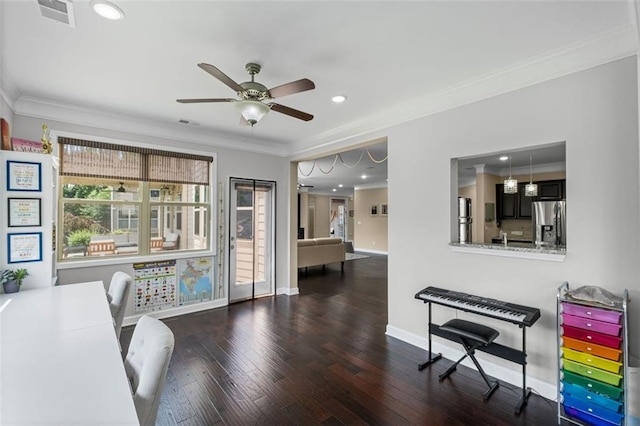 745 Newfield Ln, Alpharetta, GA 30004 - office area featuring ceiling fan, wood finished floors, crown molding, and recessed lighting