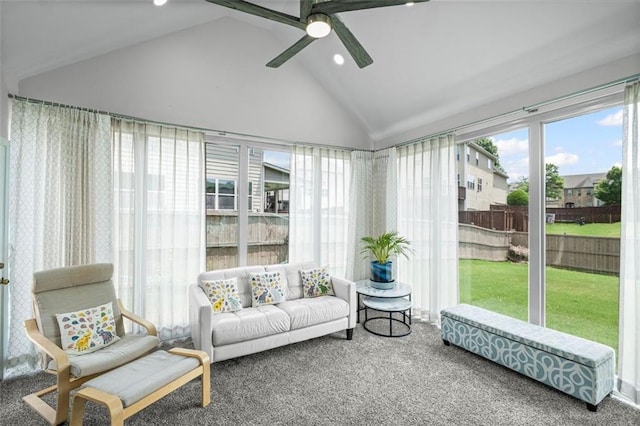 745 Newfield Ln, Alpharetta, GA 30004 - sunroom featuring carpet floors, a ceiling fan, recessed lighting, and high vaulted ceiling