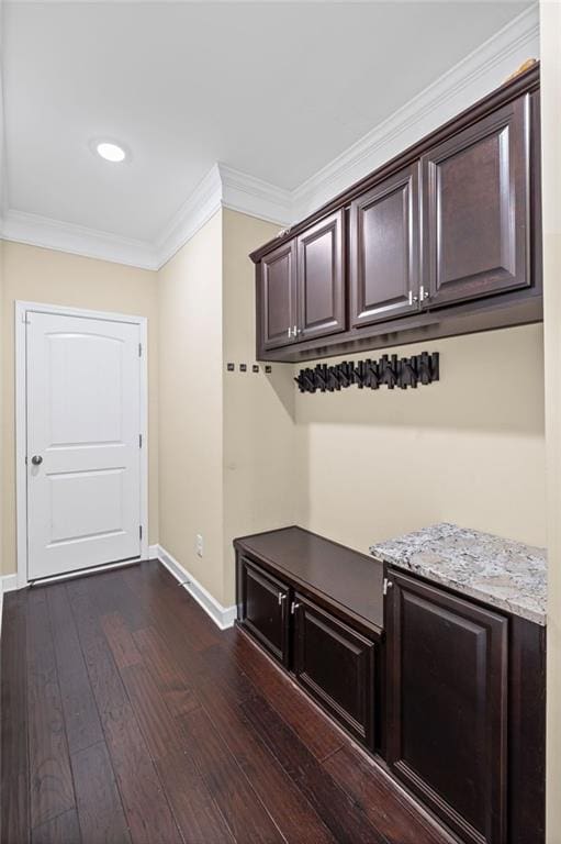 745 Newfield Ln, Alpharetta, GA 30004 - mudroom with dark wood-style floors, crown molding, and recessed lighting