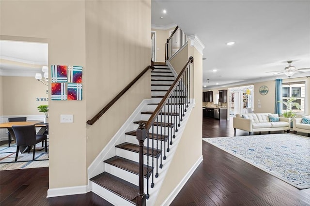 745 Newfield Ln, Alpharetta, GA 30004 - staircase with ornamental molding, wood finished floors, a ceiling fan, and recessed lighting