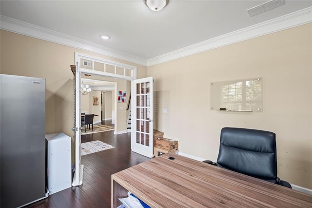 745 Newfield Ln, Alpharetta, GA 30004 - office with crown molding, wood finished floors, recessed lighting, and french doors