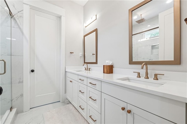 2565 Cork St, Braselton, GA 30517 - full bathroom with marble look tiles, a marble finish shower, and double vanity