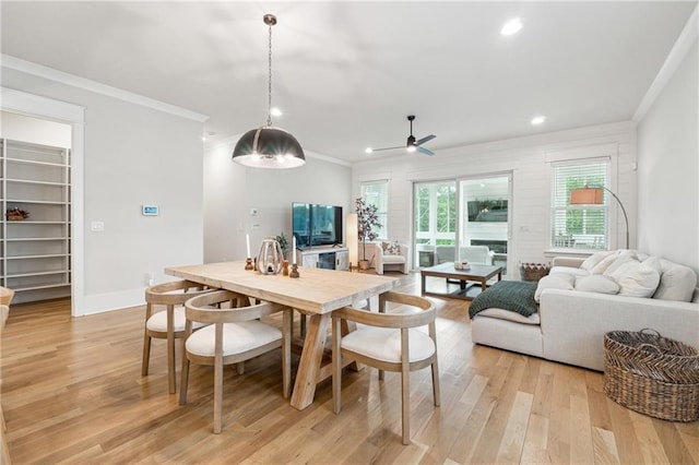 2565 Cork St, Braselton, GA 30517 - dining space with ornamental molding, light wood-style flooring, a ceiling fan, recessed lighting, and baseboards