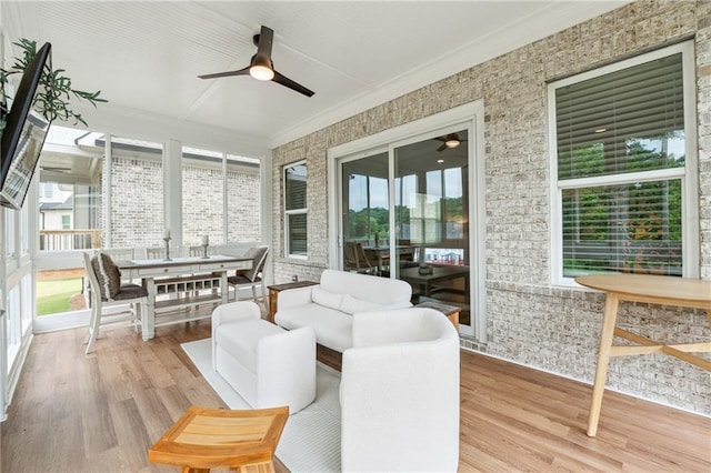 2565 Cork St, Braselton, GA 30517 - sunroom with crown molding, a ceiling fan, outdoor dining area, wood finished floors, and healthy amount of natural light