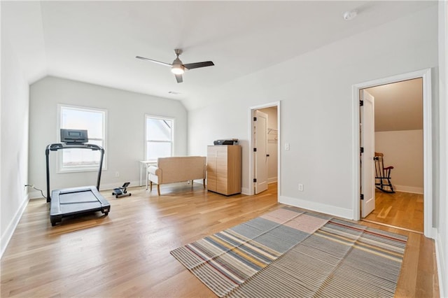 2565 Cork St, Braselton, GA 30517 - workout area featuring wood finished floors, lofted ceiling, ceiling fan, and baseboards