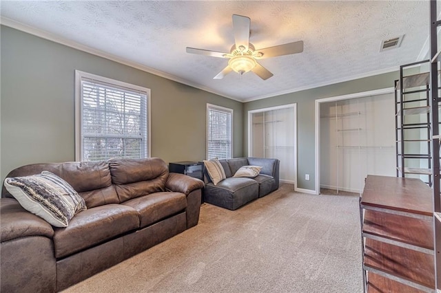 living room with ceiling fan, ornamental molding, carpet flooring, and a textured ceiling