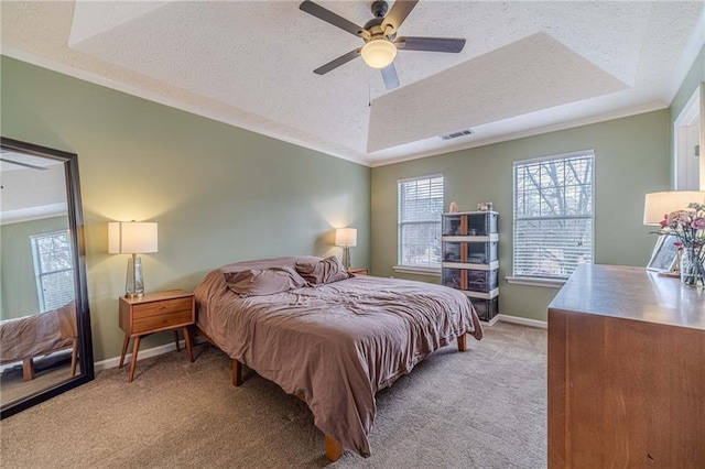 bedroom with a raised ceiling, light carpet, a textured ceiling, and multiple windows