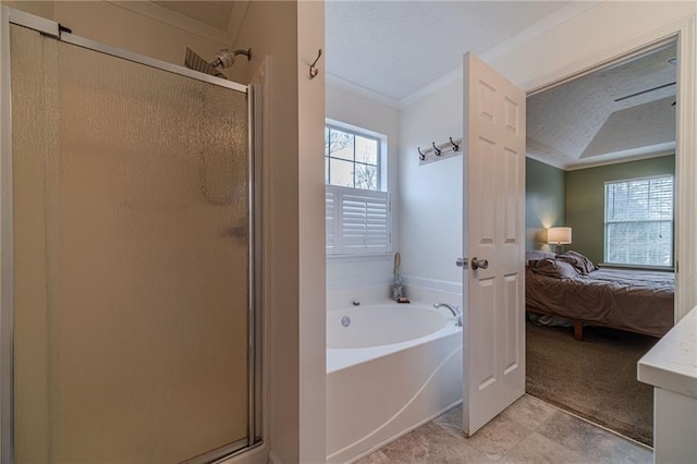 bathroom with crown molding, plus walk in shower, and a textured ceiling