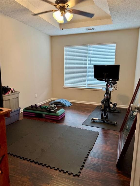 exercise area featuring a tray ceiling, a wealth of natural light, ceiling fan, and dark hardwood / wood-style floors