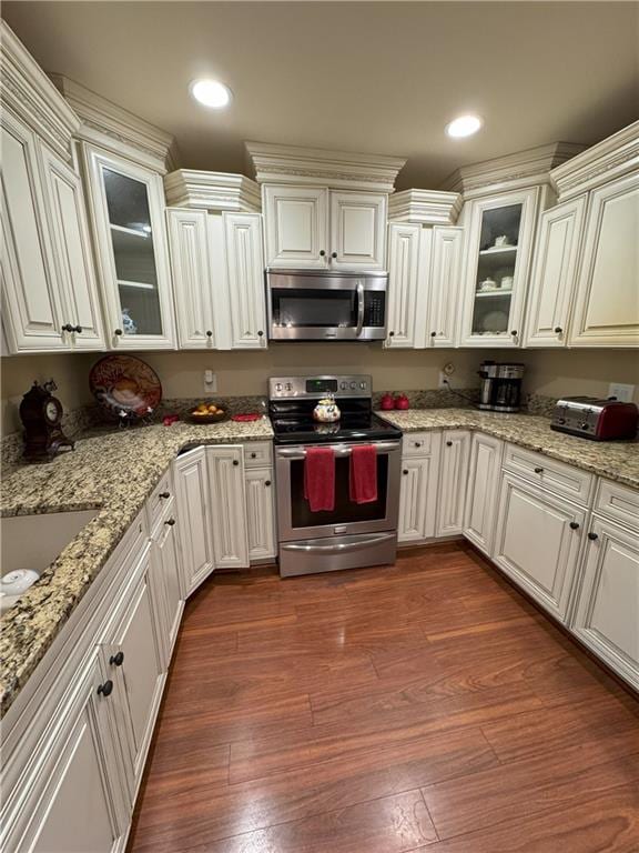 334 Eagle Cir, Dillard, GA 30537 - kitchen featuring stainless steel appliances, dark wood-style flooring, glass insert cabinets, and recessed lighting