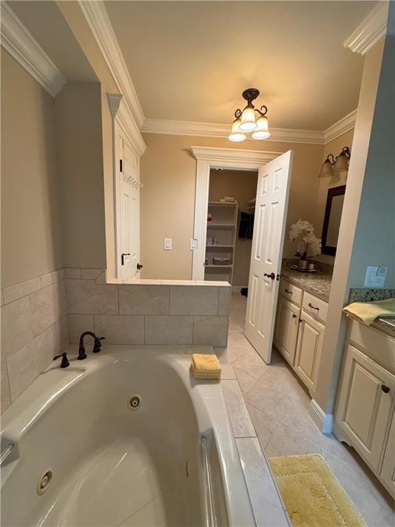 334 Eagle Cir, Dillard, GA 30537 - bathroom featuring vanity, a whirlpool tub, ornamental molding, and a chandelier