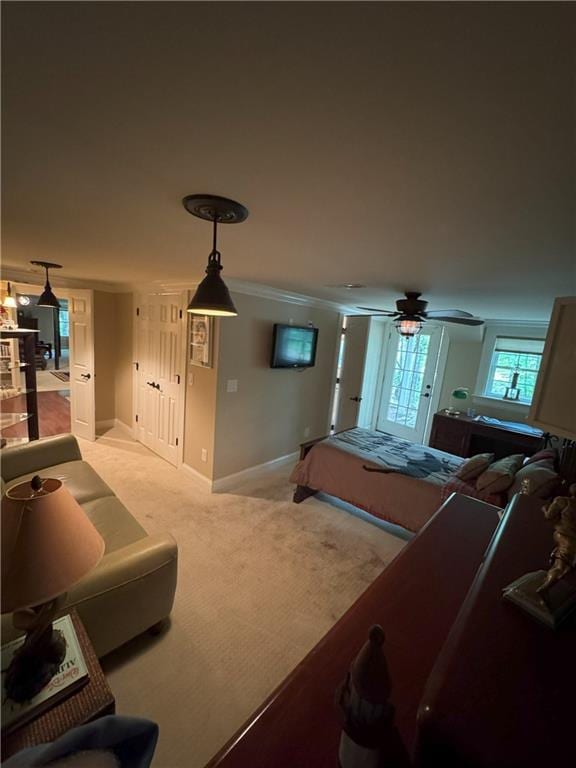 334 Eagle Cir, Dillard, GA 30537 - bedroom featuring light colored carpet, baseboards, ornamental molding, and a ceiling fan