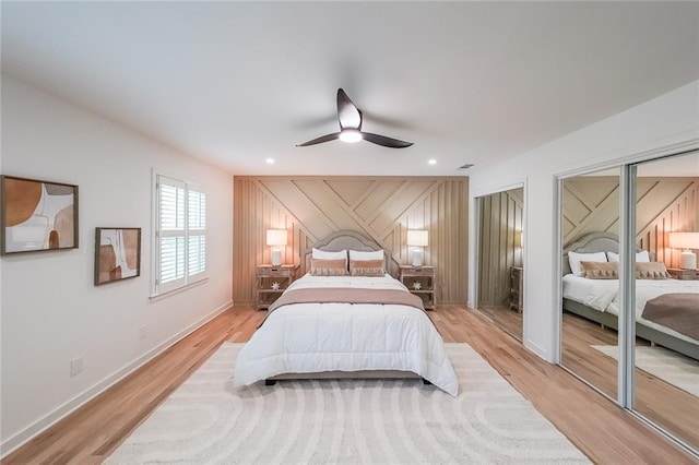 bedroom featuring ceiling fan and light wood-type flooring