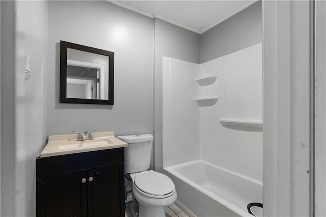 full bathroom with vanity, tile patterned flooring, toilet, and washtub / shower combination