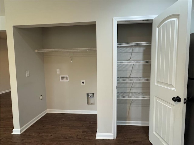 laundry area featuring hookup for a washing machine, hookup for an electric dryer, laundry area, wood finished floors, and baseboards