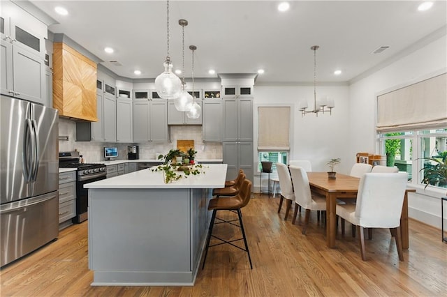 642 Erin Ave SW, Atlanta, GA 30310 - kitchen featuring stainless steel appliances, light countertops, gray cabinetry, a chandelier, and tasteful backsplash