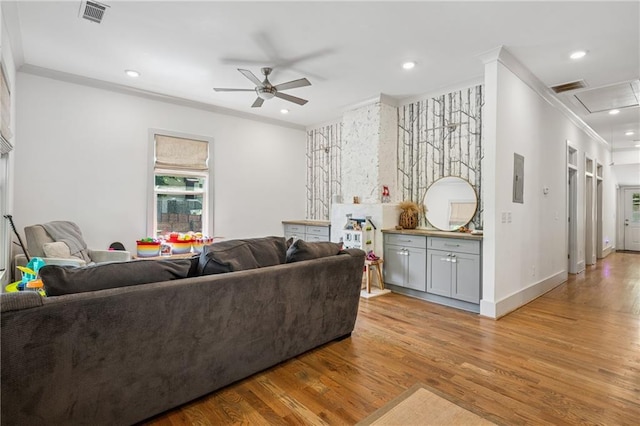 642 Erin Ave SW, Atlanta, GA 30310 - living area featuring a ceiling fan, ornamental molding, wood finished floors, attic access, and recessed lighting