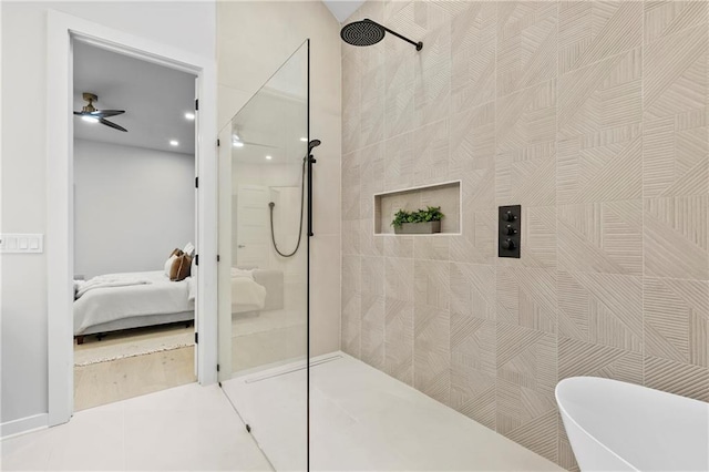 bathroom featuring tile patterned floors, connected bathroom, a walk in shower, and a ceiling fan