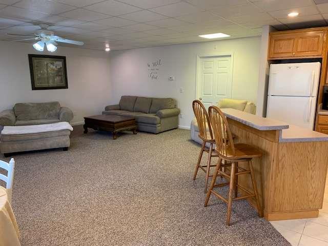 789 N Falling Waters Dr N, Demorest, GA 30535 - living area featuring a bar, a ceiling fan, a drop ceiling, baseboards, and light colored carpet