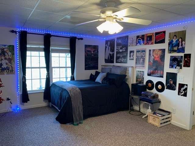 789 N Falling Waters Dr N, Demorest, GA 30535 - carpeted bedroom with baseboards, a paneled ceiling, and ceiling fan