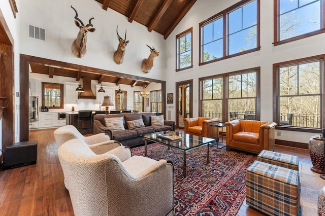 975 Blalock Lakes Dr, Newnan, GA 30263 - living room featuring plenty of natural light, visible vents, wooden ceiling, dark wood-type flooring, and beam ceiling