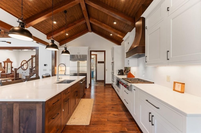 975 Blalock Lakes Dr, Newnan, GA 30263 - kitchen featuring dark wood-style flooring, wood ceiling, a sink, and custom exhaust hood
