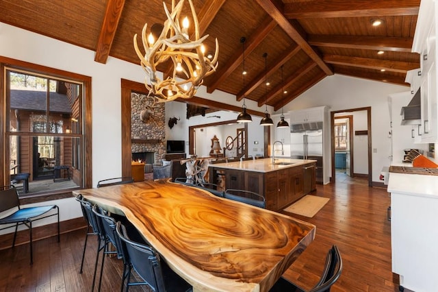 975 Blalock Lakes Dr, Newnan, GA 30263 - game room featuring wood ceiling, dark wood-type flooring, an inviting chandelier, a fireplace, and a sink