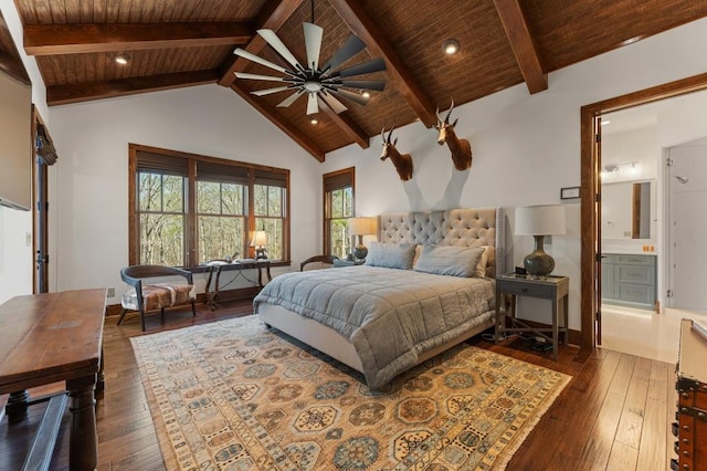 975 Blalock Lakes Dr, Newnan, GA 30263 - bedroom with dark wood-style floors, wood ceiling, high vaulted ceiling, and beam ceiling